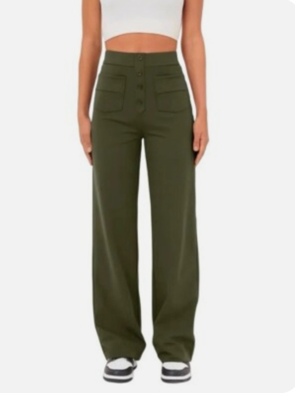 Halara DayStretch High Waisted Straight Leg Casual Pants Green Brown Sz M Petite